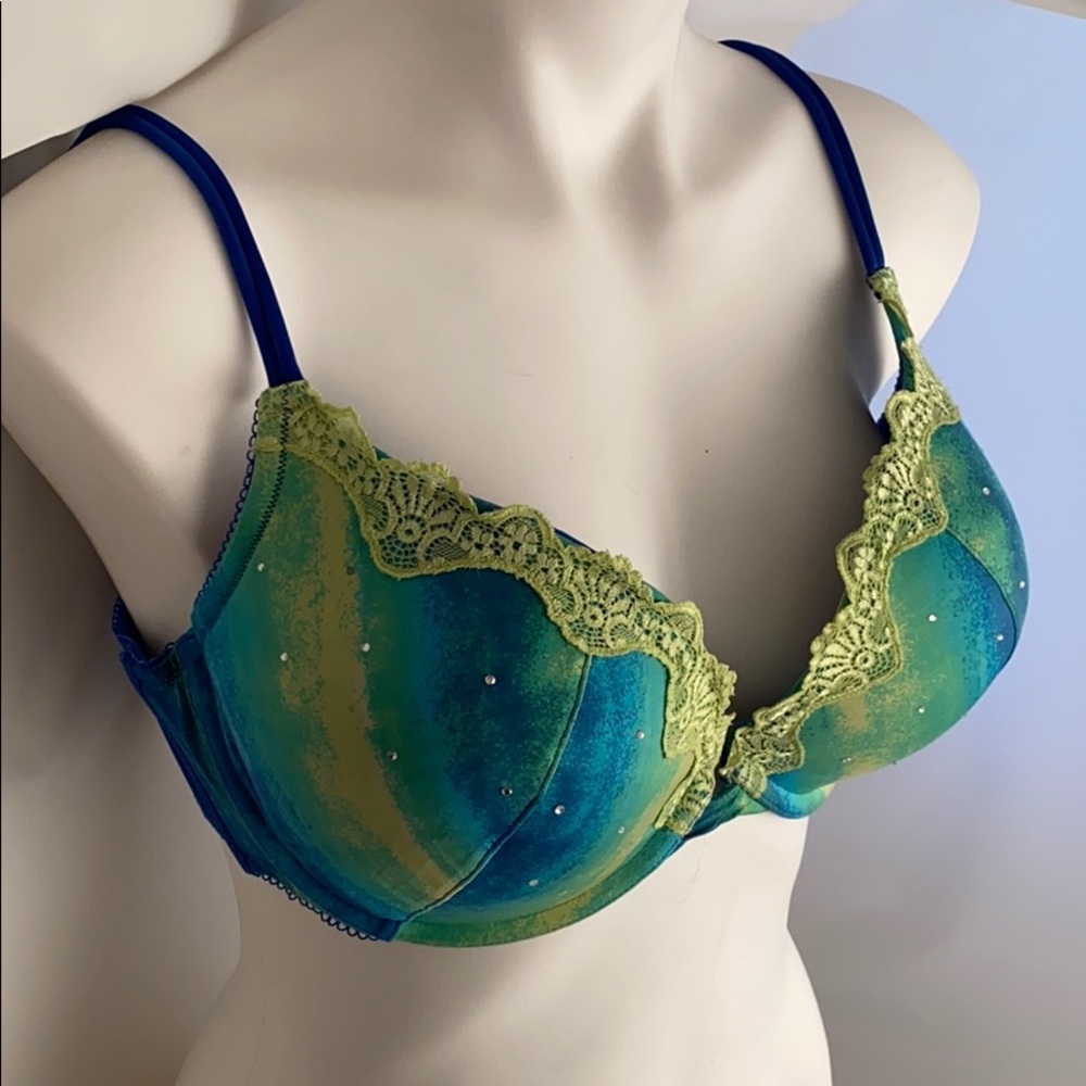 Cacique blue green rhinestone plunge underwire bra 40D - Picture 2 of 11